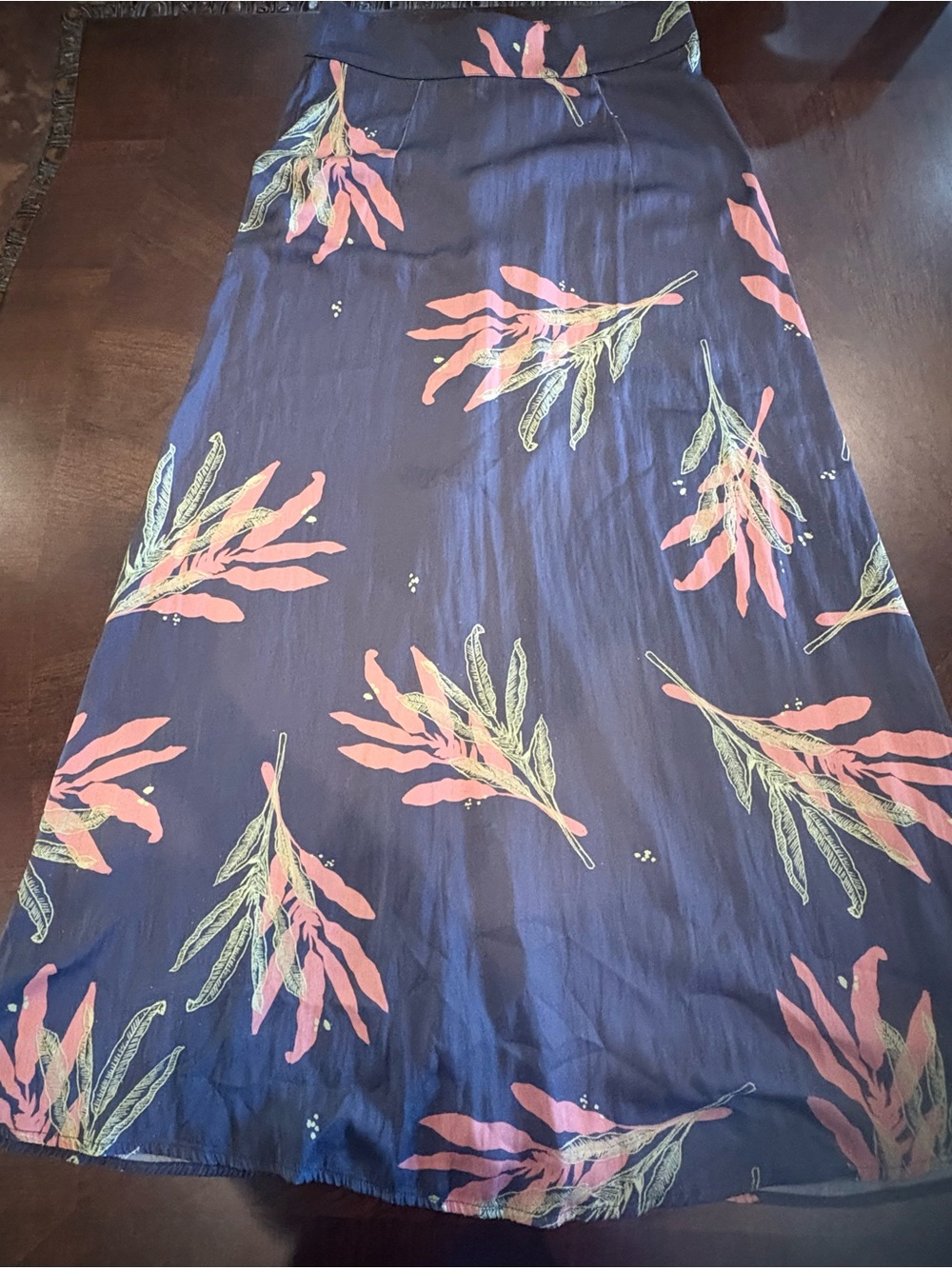 Free People Dark Grey Maxi Skirt with Pinkish Orange and Light Green Leaf Print - Picture 3 of 5